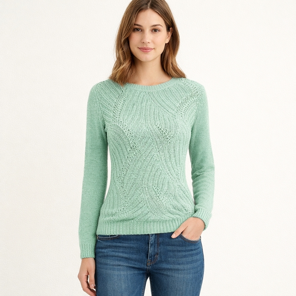TALBOTS Size PP/XS Green Pointelle Cable Knit Long Sleeve Crew Neck Sweater NWT